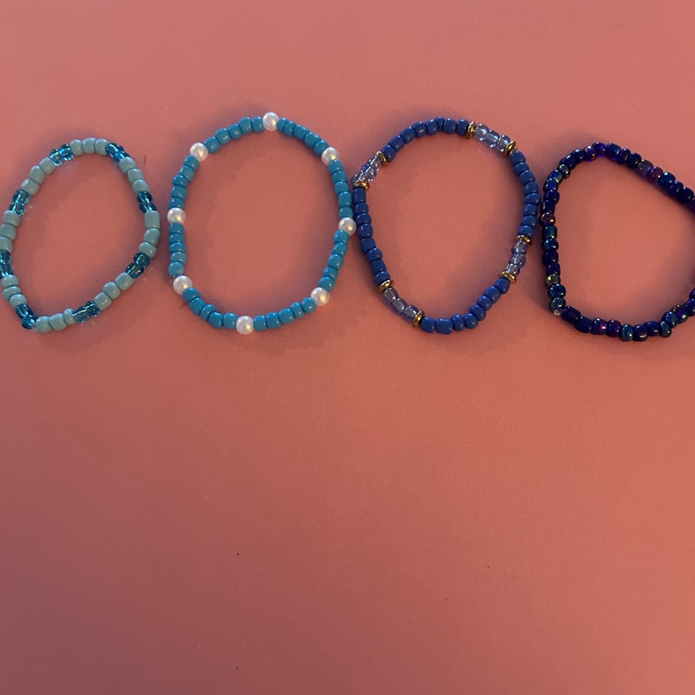 Handmade Blue Beaded Stretch Bracelet Set - 4 Pieces